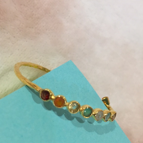 Shaanti Natural Gemstone Encrusted Hoop Earrings Gold Toned Alloy NWT 1.75” hoop - Picture 8 of 11